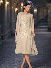 זול ערכות שמלות של אמא-שני חלקים מעטפת עמוד באורך הקרסול שמלת אורח לחתונה שמלה לאם הכלה  ללא שרוולים עם תכשיטים אלגנטית אורחת חתונה מסיבת החתונה שיפון תחרה שמלות ז'קט עם אפליקציות