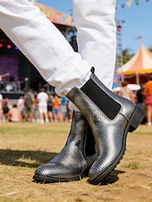 voordelige Heren-Metallic zilveren Chelsea boots voor heren met spitse neus, modieuze enkellaarsjes voor muziekfestivals, podiumoptredens, concerten, feestjes, streetstyle en opvallende mode-looks.