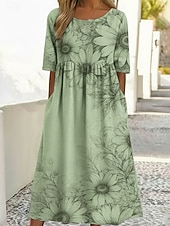 女性用 ミディドレス カジュアルドレス プリントドレス ファッション アウトドア バケーション お出かけ ルーズフィット フラワー グラフィック ハーフスリーブ クルーネック ライトイエロー ライトピンク ライトグリーン グレー 夏 春