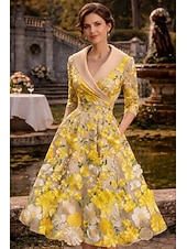 abordables Robes de cocktail-Ligne A Longueur thé Robes de Cocktail Élégant ancien Floral Demi Manches Revers Fête de jardin Mariage Poche Satin Dos Bénitier avec Fleur brodée Broderie Poche