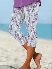 cheap Graphic Leggings-Women's Chinos Leggings Vacation Streetwear Casual Capris High Waist Floral Graphic Printing Comfort Soft Comfortable Stretchy Daily Outdoor Vacation Purple Summer Spring Fall Regular Fit