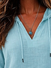 tanie Gładkie bluzy z kapturem-Damskie Koszule bawełniane lniane Jednokolorowe Codzienny Elegancki Podstawowy Długi rękaw Kaptur Zwykłe topy Codzienny Niebieski Granatowy Beżowy Lato Wiosna Jesień