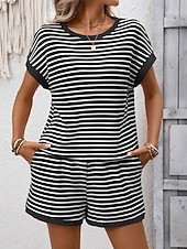 cheap Women's Blouse Suits-Women's Two Piece Sets Shorts Sets Short Sleeve Crew Neck Striped Fashion Streetwear Casual Daily Outdoor Black Pink Dark Pink Summer Regular Fit