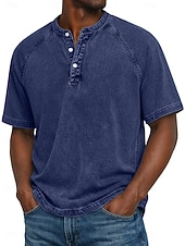 economico magliette di base-Per uomo Maglietta Maglia Henley Camicia di Jeans Camicia 100% cotone lavaggio acido Manica Corta Semplice Vintage Streetwear Casual Tinto in capo Lavato Manica corta Collo alla coreana Henley
