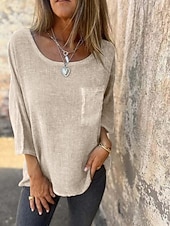 abordables Camisas-Mujer Mezcla de lino Blusa Retazos Bolsillo Plano Elegante Clásico Moderno Manga 3/4 Cuello Barco Tops regulares Tops largos Diario Festivos Noche Verde Claro Caqui Albaricoque Gris Verano Primavera
