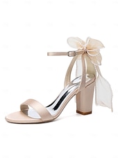 baratos noiva-Sandálias de noiva nude com salto bloco e laço - sapatos de casamento elegantes para casamentos no jardim.