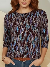 お買い得  アート＆デザインTシャツ-女性用 Tシャツ プリント フラワー グラフィック スタイリッシュ クラシック カジュアル 長袖 クルーネック レギュラートップス 日常 週末 バケーションウェア ブラック ワイン アーミーグリーン ネイビーブルー オレンジ 夏 春 秋