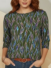 お買い得  アート＆デザインTシャツ-女性用 Tシャツ プリント フラワー グラフィック スタイリッシュ クラシック カジュアル 長袖 クルーネック レギュラートップス 日常 週末 バケーションウェア ブラック ワイン アーミーグリーン ネイビーブルー オレンジ 夏 春 秋