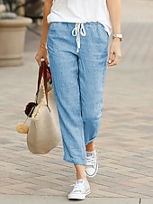 cheap Bottoms-Women's Faux Cotton Linen Chinos Summer Pants Vacation Streetwear Basic Ankle-Length Medium Waist Plain Drawstring Pocket Comfy Breathable Inelastic Daily Outdoor Streetwear Blue Black Green
