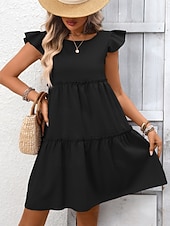 baratos Vestido branco-Mulheres Minivestido Vestido casual vestidos peplum Elegante Moda Moderno Ao ar livre Férias Para Noite Ajuste Largo Tecido Manga Curta Gola Redonda Azul Preto Verde Tropa Vinho Verão Primavera