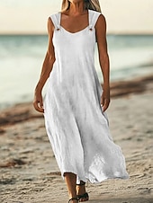 cheap Dresses-Women's Maxi Dress Linen-feel Dresses A Line Dress Summer Dress Casual Daily Loose Fit Plain Sleeveless V Neck Blue Black White Yellow Summer