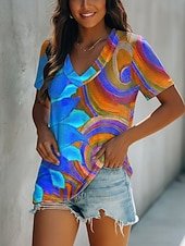  Damen T Shirt Druck Farbblock Sonnenblume Vintage Lässig Boho Kurzarm V Ausschnitt Normale Oberteile Täglich Blau Wein Königsblau Orange Grün Sommer Frühling