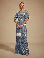 billiga Nyårsklänningar-Dam Maxiklänning Sheath Dress Elegant Kall axel Kvällsfest Paljetter Broderi Normal Blommig Kortärmad V-hals Dammig blå