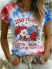  Dia da Independência Camiseta Feminina Americana Aniversário Patriótica Impressão Gráfica Letra Bandeira Americana Vintage Estilosa Clássica Manga Curta Decote Redondo Tops Regulares Dia a Dia Branco