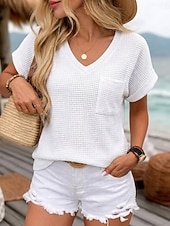 levne jednoduché tričko-Dámské Halenka Grafika Bez vzoru stylové Na běžné nošení Krátký rukáv Do V Běžné topy Denní Černá Bílá Světlá růžová Trávová zelená Léto Jaro