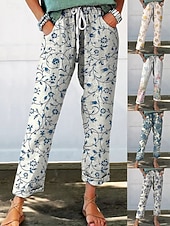 preiswerte Gerade geschnittene Hose-Damen Chinos Gerade Urlaub Streetwear Lässig Volle Länge Mittlere Taillenlinie Blumen Grafik Kordelzug Tasche Drucken Bequem Komfort Atmungsaktiv Mikroelastisch Täglich Outdoor Streetwear Blau