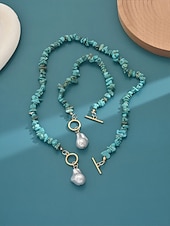 abordables Collier pour femme-Ensemble collier et bracelet pour femme, perles d'imitation et perles turquoise, multicolore, style bohème, parfait pour les vacances, les voyages, le quotidien et les tenues décontractées.