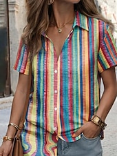  Damen Shirt Kurzarm Grafik Geometrisch Gestreift Vintage Tropisch Stilvoll Shirt Kragen Reguläre Tops Täglich Salbeigrün Pink Lila Orange Grün Sommer Frühling
