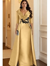 cheap Ball Gown Evening Dresses-A-Line Floor Length Evening Gown Elegant 3/4 Length Sleeve Shirt Collar Formal Satin with Appliques