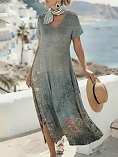  Mujer Vestido maxi Vestido bohemio Vestido informal Vestido de una línea Vestido Estampado Vintage Exterior Vacaciones Fin de semana Ajuste regular Floral Graphic Manga Corta Escote en Pico Verde
