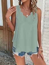 cheap Plain Tank-Women's Texture Blouse Eyelet Top Pointelle Tee Blouse Hollow Out Plain Casual Sleeveless V Neck Regular Tops Casual Daily Beach Blue Black White Yellow Pink Summer Spring