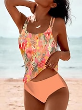 preiswerte Tankinis-Damen Badeanzug Tankini Zweiteilig Freche Unterhose Bademode Bauchkontrolle Hohe Taille Schlank Rückenfrei Urlaub Strandbekleidung Blumen U-Ausschnitt Ärmellos Badeanzüge