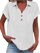 cheap Shirts-Women's Shirt Blouse Cotton Shirt Buttons Solid Color Vintage Classic Modern Short Sleeve Shirt Collar Regular Tops Daily Holiday Going out White Yellow Navy Blue Sky Blue Light Blue Summer Spring