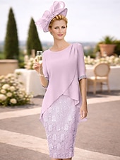 economico Lunghezza del tè-Tubino Colonna Lunghezza al ginocchio Vestito da Festa Abito da Cocktail Abito da invitata a nozze Abito da cerimonia per signora Mezza Manica Collo gioiello Elegante Ospite di nozze Con Paillettes