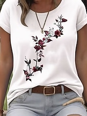 cheap Floral tee-Women's T Shirt Print Floral Graphic Stylish Classic Casual Short Sleeve Crew Neck Round Neck Regular Tops Daily Blue White Pink Gray Summer Spring