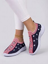  Damröda blå stickade sneakers med amerikansk flagga, lätta, andningsbara slip-on-gångskor för 4 juli, patriotiska evenemang, USA:s 250-årsjubileum &vardagskläder