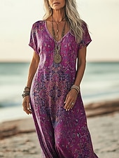  Dame Maxikjole Boho-kjole Uformell kjole Kjole med A-linje Print kjole Mote Moderne utendørs Feriereise Helg Løstsittende Blomstret Grafisk Kortermet V-hals Vin Militærgrønn Navyblå Lilla Sommer Vår