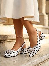 abordables escarpins à talon ouvert-Escarpins à pois pour femmes - élégants escarpins à bride arrière noirs et blancs avec nœud &amp;Détails en perles pour les soirées vintage et les événements rockabilly &amp;vêtements de bureau classiques