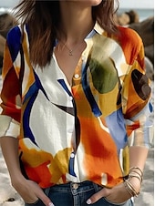 abordables Blouses rayées et géométriques-Femmes Chemise Boutons Imprimé Géométrique Actif Quotidien Élégant manche longue Col de chemise Hauts Réguliers Quotidien Fête Blanche Orange Été Printemps