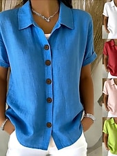 tanie Gładkie bluzki-Damskie Bluzka Guziki Jednokolorowe Elegancki Codzienny Krótki rękaw Kołnierzyk koszuli Zwykłe topy Codzienny Niebieski Biały Rumiany róż Czerwony Zielony Lato Wiosna Jesień