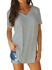 abordables Camiseta lisa-Mujer Camiseta Camiseta superior Color sólido Moda Básico Clásico Manga Corta Escote en Pico Tops cortos Diario Noche Fin de semana Negro Blanco Amarillo Gris Verano Primavera