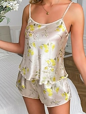 economico Top e pantaloni pigiama da donna-Per donna Abbigliamento da Casa Set Pigiama Moda Sexy Casual Floreale Pigiama in raso di seta Elastico in vita Shorts Casa Vacanza Senza Maniche Spalline Bianco Giallo Estate Primavera Autunno