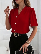 abordables Blusas Elegantes-Mujer Camisa Camisa con botones Camisa casual Botones Plano Elegante Clásico Moderno Manga Corta Escote en Pico Tops regulares Diario Festivos Noche Azul Piscina Negro Blanco Vino Albaricoque Verano
