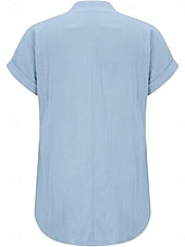 cheap Shirts-Women's Shirt Blouse Cotton Shirt Buttons Solid Color Vintage Classic Modern Short Sleeve Shirt Collar Regular Tops Daily Holiday Going out White Yellow Navy Blue Sky Blue Light Blue Summer Spring