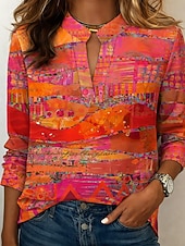 tanie Bluzki Art&amp;Design-Damskie Koszula Geometryczny Elegancja Bohema Urlop Długi rękaw W serek Zwykłe topy Codzienny Plaża Święto Niebieski Rumiany róż Pomarańczowy Lato Wiosna