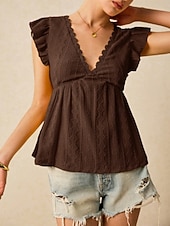 tanie Zwykły zbiornik-Damskie Bezrękawnik Falbana Oczko Równina Moda Elegancki Klasyczny Bez rękawów W serek Zwykłe topy Codzienny Wyjściowe Weekend Czarny Biały Kawowy Jasnoniebieski Lato Wiosna