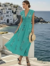 ieftine Rochii casual florale-rochie midi pentru femei boem cu decolteu în V broderie florală talie elastică șnur cu mânecă scurtă vacanță la plajă roz confortabil potrivire regulată îmbrăcăminte ocazională de vară