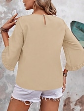 abordables Blusas Elegantes-Mujer Camisa Blusa Blusa con volantes Volante Plano Elegante Clásico Moderno Manga 3/4 Cuello Barco Tops regulares Diario Festivos Noche Negro Rojo Naranja Verde Trébol Albaricoque Verano Primavera