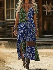 halpa Etninen Boho Mekko-Naisten Maksimekko Boho-mekko Rento mekko A linjainen mekko Painatus mekko Muoti Moderni ulko- Loma Viikonloppu Loose Fit Kukka Kuvitettu Lyhythihainen V kaula-aukko Laivastosininen Purppura Apila