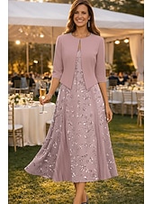 economico Set di abiti per la mamma-Due Pezzi Linea ad A Lunghezza Tè Abito da invitata a nozze Abito da cerimonia per signora Manica Corta Scollo a V Elegante Semplice Lussuoso Formale Ospite di nozze Chiffon Crêpe con Pizzo Perline