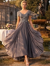 ieftine Lungimea gleznei-Linia -A Lungimea ceaiului Rochie de petrecere Rochie de Cocktail Rochie pentru invitata de nunta Rochie Mama Miresei Manșon scurt În V Elegant Plus Size Înalt Mic Invitat la nunta Petrecere Nuntă
