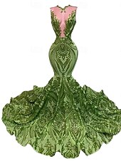 abordables Vestidos de Noche Sirena-Corte Trompeta Sirena Cola barrida Trajes de gala Vestidos de noche Corte Cenicienta Vestimenta formal Elegante Sin Mangas Escote de ilusión Carnaval Formal afroamericano Lentejuelas con Lentejuela