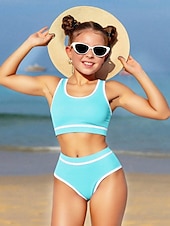 abordables Maillot de bain deux pièces-Maillot de bain Enfants Fille Extérieur Bloc de Couleur Vacances Maillots de bain 4 ans et + Été Bleu Noir Vert Véronèse
