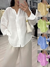preiswerte Hemden-Damen Bluse Baumwollhemd Einfarbig Täglich Stilvoll Basic Langarm V Ausschnitt Normale Oberteile Täglich Blau Weiß Gelb Rosa Grün Sommer Frühling Herbst