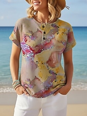  Pentru femei Tricou Imprimeu Nasturi de piept Imprimare de marmură Stilat Modern Casual Manșon scurt Henley Topuri obișnuite Zilnic Albastru piscină Galben Mov Trifoi Vară Primăvară