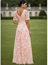 voordelige Vloerlengte-A-lijn Jurken Tot de grond Bruiloft gast jurk Avondjurk Moeder van de bruid jurk Korte mouw V-hals Boothals Elegant Eenvoudig Verfraaid Formeel Bruiloft gast Feestdagen Chiffon Kant met Bloemenprint